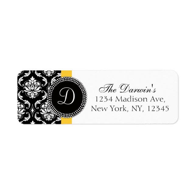 Damask Monogram Wedding Address Labels Yellow (Front)