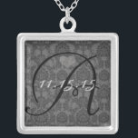 Damask Monogram Wedding Date Anniversary Necklace<br><div class="desc">Wedding Keepsake Wedding Party Necklaces - to change background colour - click customize - click edit - choose last tool in drop down menu and choose from one of the colours shown or enter your rgb hex code for your custom wedding colour- to change font colour select the text you...</div>