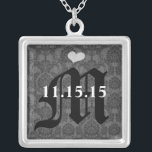 Damask Monogram Wedding Date Anniversary Necklace<br><div class="desc">Wedding Keepsake Wedding Party Necklaces - to change background colour - click customize - click edit - choose last tool in drop down menu and choose from one of the colours shown or enter your rgb hex code for your custom wedding colour- to change font colour select the text you...</div>