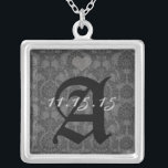 Damask Monogram Wedding Date Anniversary Necklace<br><div class="desc">Wedding Keepsake Wedding Party Necklaces - to change background colour - click customize - click edit - choose last tool in drop down menu and choose from one of the colours shown or enter your rgb hex code for your custom wedding colour- to change font colour select the text you...</div>