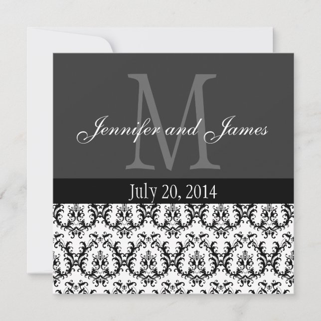 Damask Monogram Wedding Invitation Gray Grey (Front)