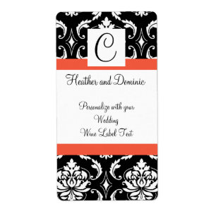 Damask Monogram Wedding Wine Label Papaya