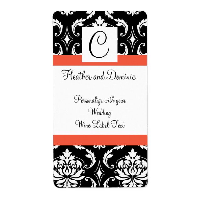 Damask Monogram Wedding Wine Label Papaya (Front)