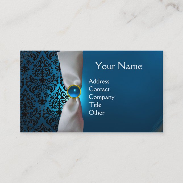 DAMASK MONOGRAM white ribbon black blue Business Card (Front)