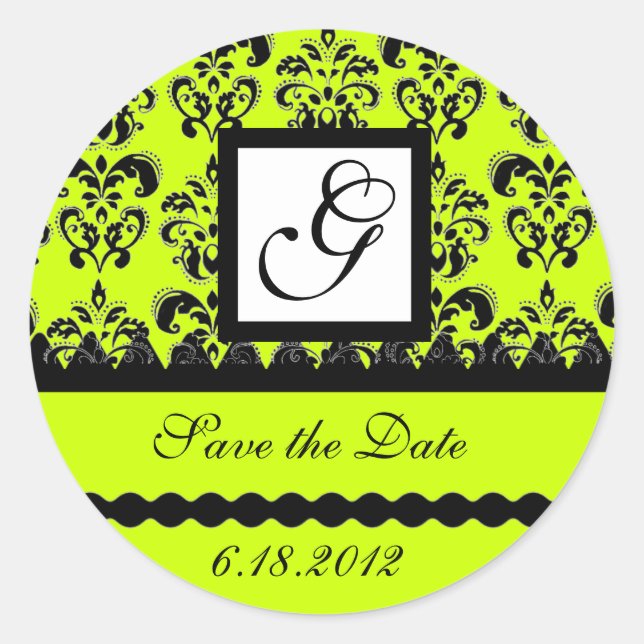 DAMASK MONOGRAM ,yellow green Classic Round Sticker (Front)