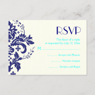 Damask navy blue, aqua wedding RSVP reply card