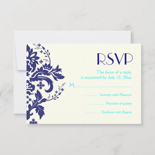 Damask navy blue, aqua wedding RSVP reply card (Front)