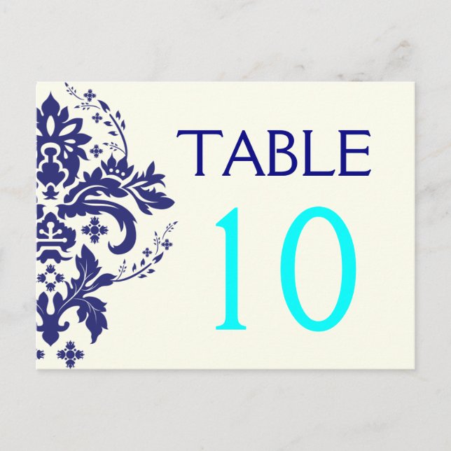Damask navy blue, aqua wedding table number postcard (Front)