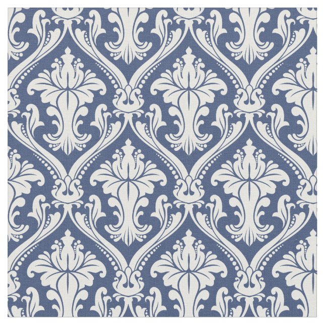 Damask Navy Blue Baroque Pattern Fabric (Close Up)