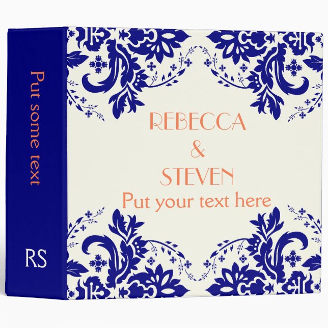 Damask navy blue, coral, ivory wedding planner binder (Front/Spine)