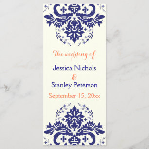 Damask navy blue, coral ivory wedding program