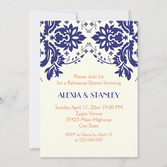 Damask navy blue, coral wedding rehearsal dinner invitation (Front)