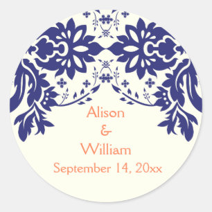 Damask navy blue, coral, wedding Save the Date Classic Round Sticker