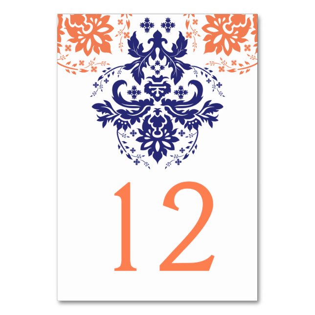 Damask navy blue, coral wedding table number (Front)