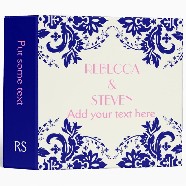 Damask navy blue, pink , ivory wedding planner binder (Front/Spine)