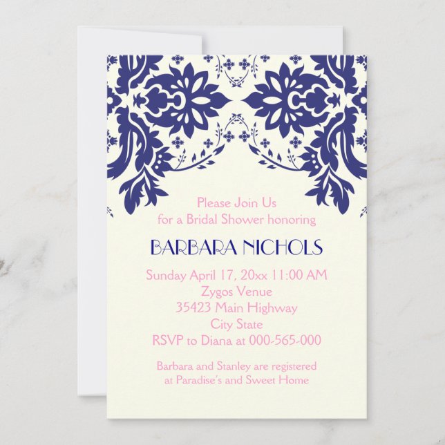 Damask navy blue, pink wedding bridal shower invitation (Front)