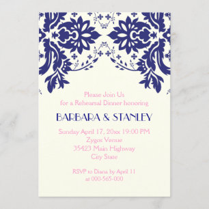 Damask navy blue, pink wedding rehearsal dinner invitation