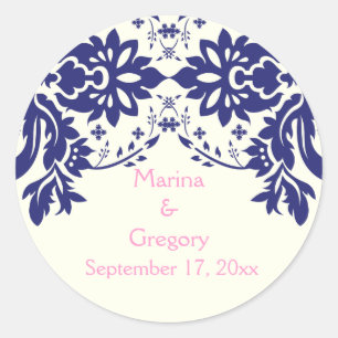 Damask navy blue, pink, wedding Save the Date Classic Round Sticker