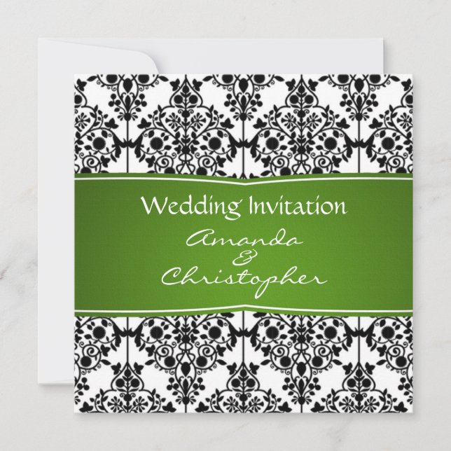 Damask noir, blanc et vert Faire-part de mariage (Devant)