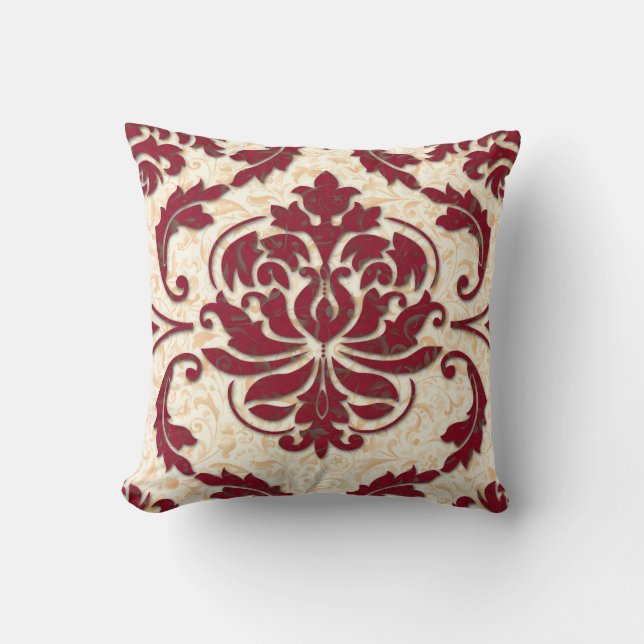 Damask, NOUVEAU PRINT in Burgundy and Gold Throw Pillow (Front)