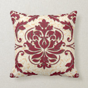 Damask, NOUVEAU PRINT in Burgundy and Gold Throw Pillow