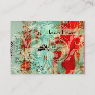 Damask on abstract template, teal crimson business card