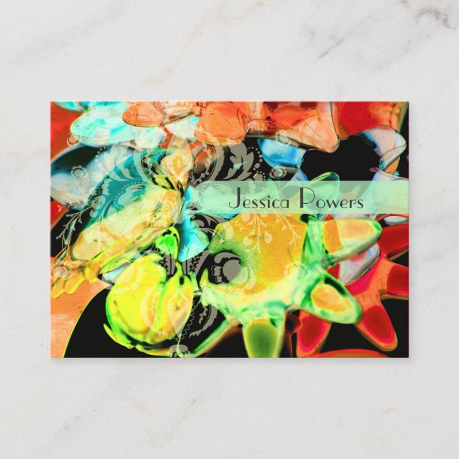 Damask on abstract  template, teal crimson business card (Front)