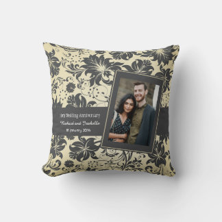 Damask on Cream Wedding Anniversary Name and Photo Throw Pillow