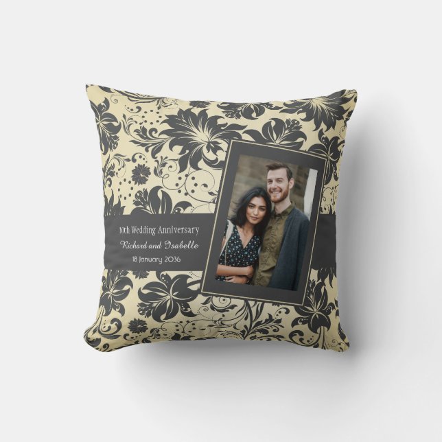 Damask on Cream Wedding Anniversary Name and Photo Throw Pillow (Front)