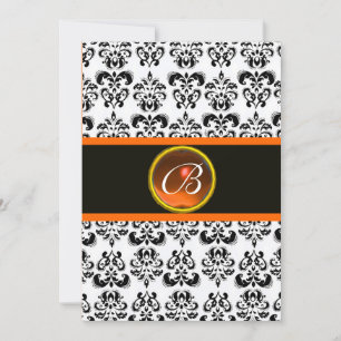 DAMASK ORANGE AGATE MONOGRAM,black and white Invitation