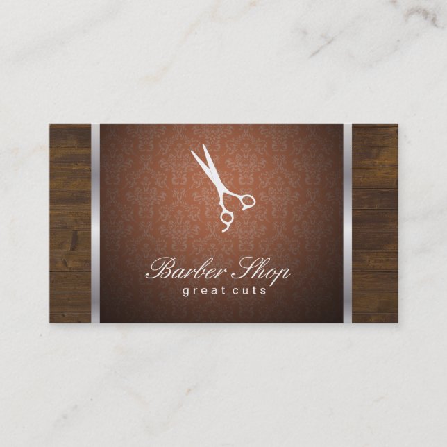 Damask Orange / Wood / Silver Trim Business Card (Front)