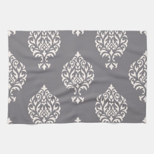 Damask Ornamental Big Pattern Cream on Grey Kitchen Towel