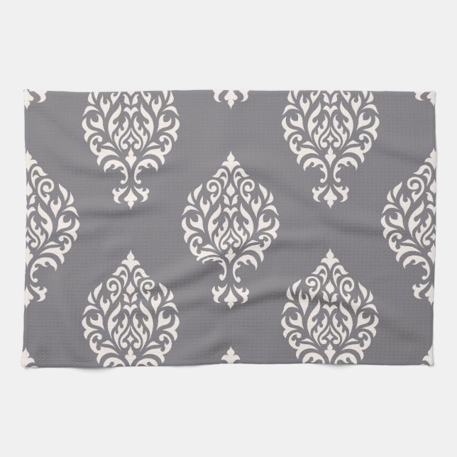 Damask Ornamental Big Pattern Cream on Grey Kitchen Towel (Horizontal)