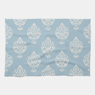 Damask Ornamental Pattern Cream on Blue Kitchen Towel