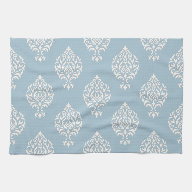 Damask Ornamental Pattern Cream on Blue Kitchen Towel (Horizontal)