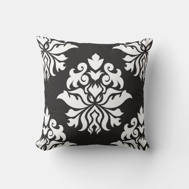 Damask Ornate Repeat Pattern - white on black Throw Pillow (Front)