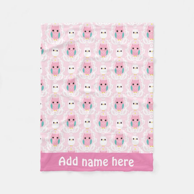 Damask owl add name girls baby blanket (Front)