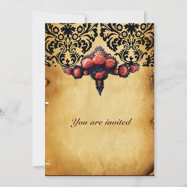 DAMASK PARCHMENT AND PINK CORAL ROSES INVITATION (Front)