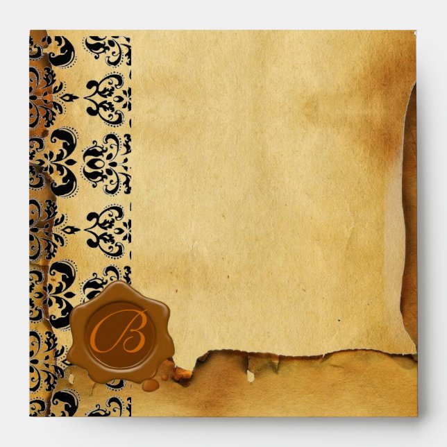DAMASK PARCHMENT, BROWN WAX SEAL MONOGRAM ENVELOPES (Front)