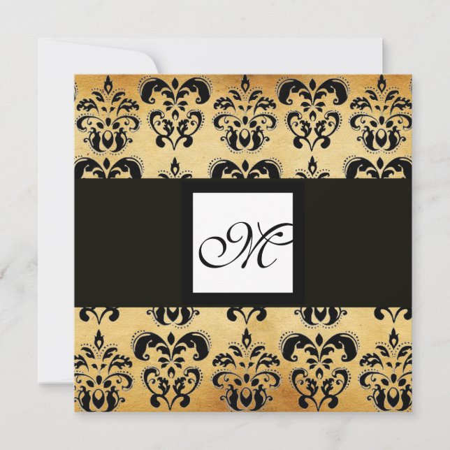 DAMASK PARCHMENT SQUARE MONOGRAM,black white brown Invitation (Front)