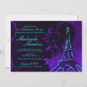 Damask Parisienne: Electric Teal & Purple Birthday Invitation