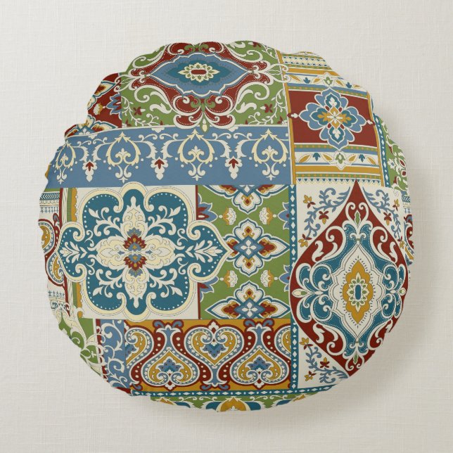 Damask Patchwork: Colourful Turkish Vintage. Round Pillow (Front)