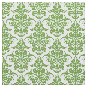Damask Pattern - Avocado Green on White Fabric