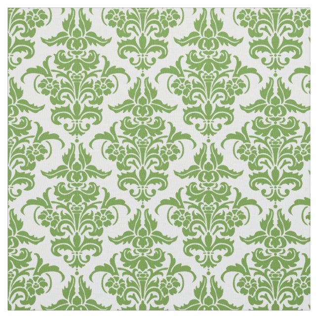 Damask Pattern - Avocado Green on White Fabric (Swatch)
