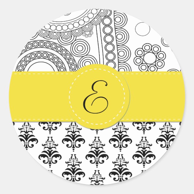 Damask Pattern, Black and White Damask, Monogram Classic Round Sticker (Front)