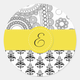 Damask Pattern, Black and White Damask, Monogram Classic Round Sticker