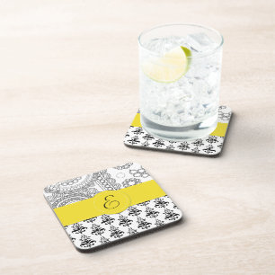Damask Pattern, Black and White Damask, Monogram Coaster