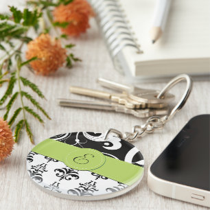 Damask Pattern, Black and White Damask, Monogram Keychain