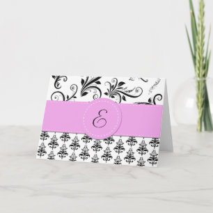Damask Pattern, Black and White Damask, Monogram Note Card