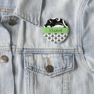 Damask Pattern, Black and White Damask, Your Name 2 Inch Round Button